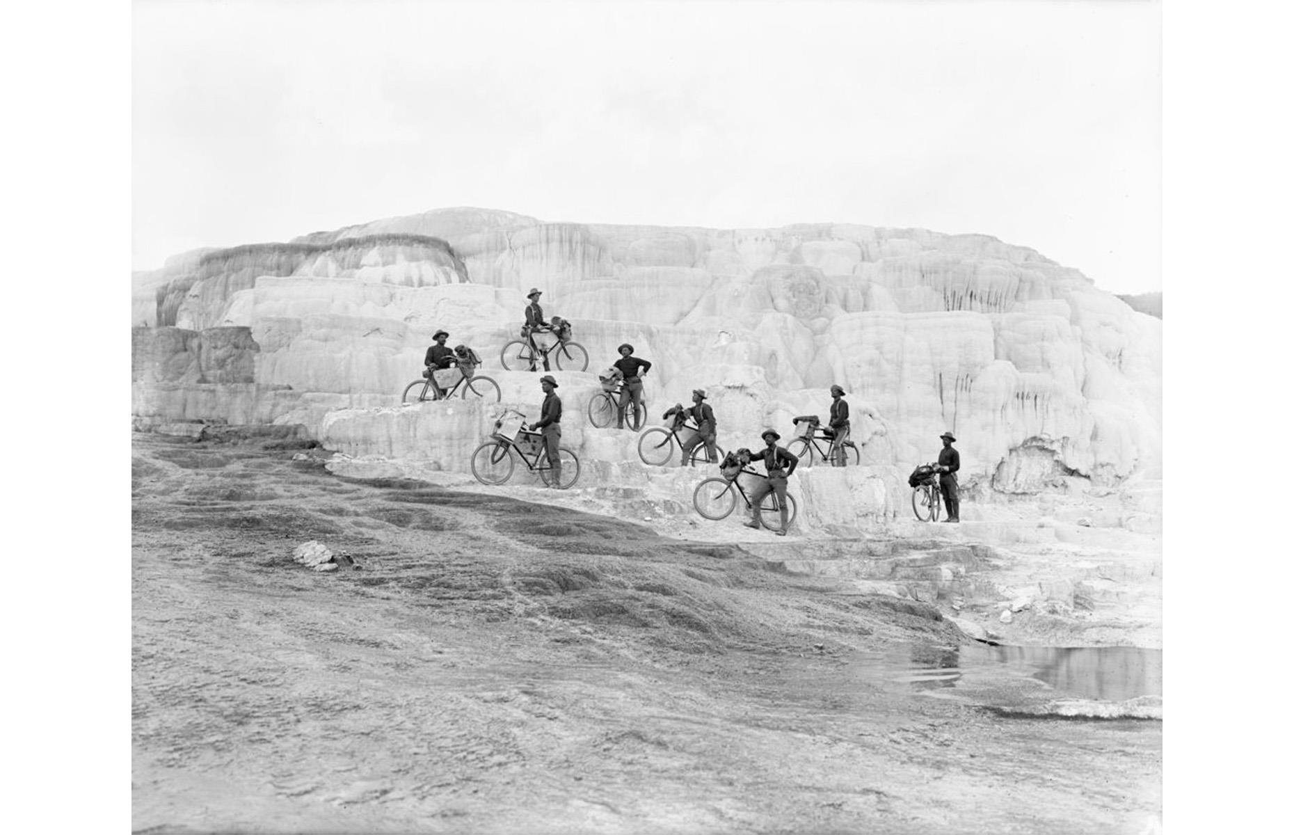 1896: 25th Infantry Bicycle Corps posing at Yellowstone National Park
